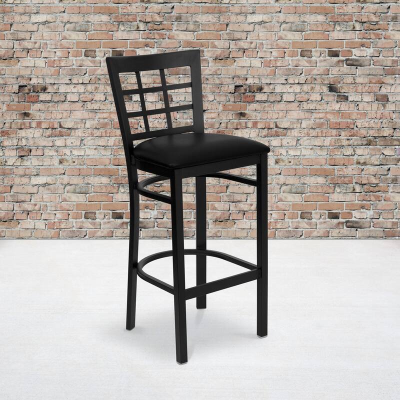 2 Pack Window Back Metal Restaurant Barstool - Black Vinyl Seat/ Black Metal Frame
