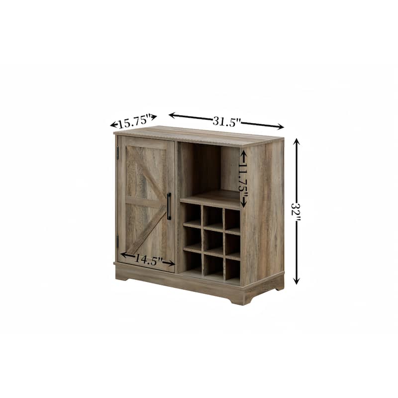 Rustic Bar Cabinet with 9-Bottle Wine Rack, Adjustable Shelves, and Barn Door Design
