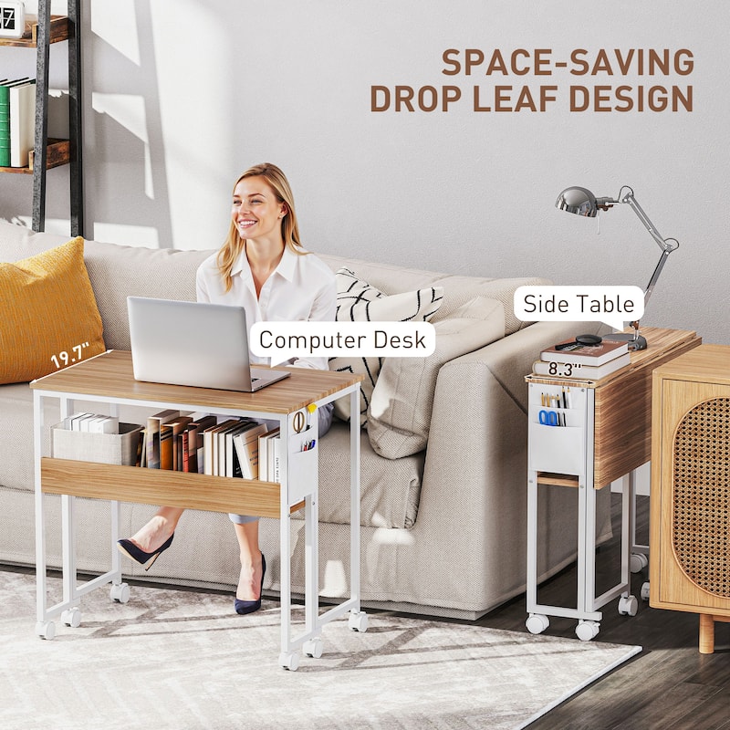 Mobile Foldable Desk with Storage Shelf and Drop-Leaf Design for Narrow Spaces and Home or Office