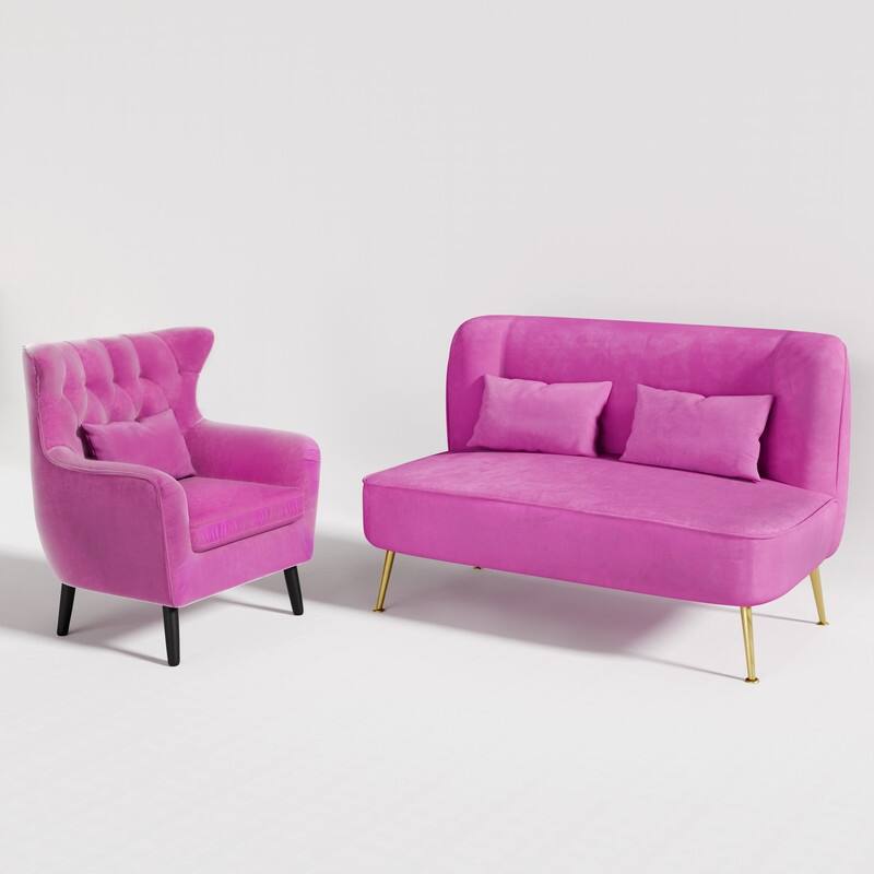 Velvet Upholstered Metal Legs Tuft Thick Cushion Loveseat - Pink Velvet
