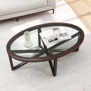 Modern Oval Glass Coffee Table with Wood Base - Bed Bath & Beyond ...