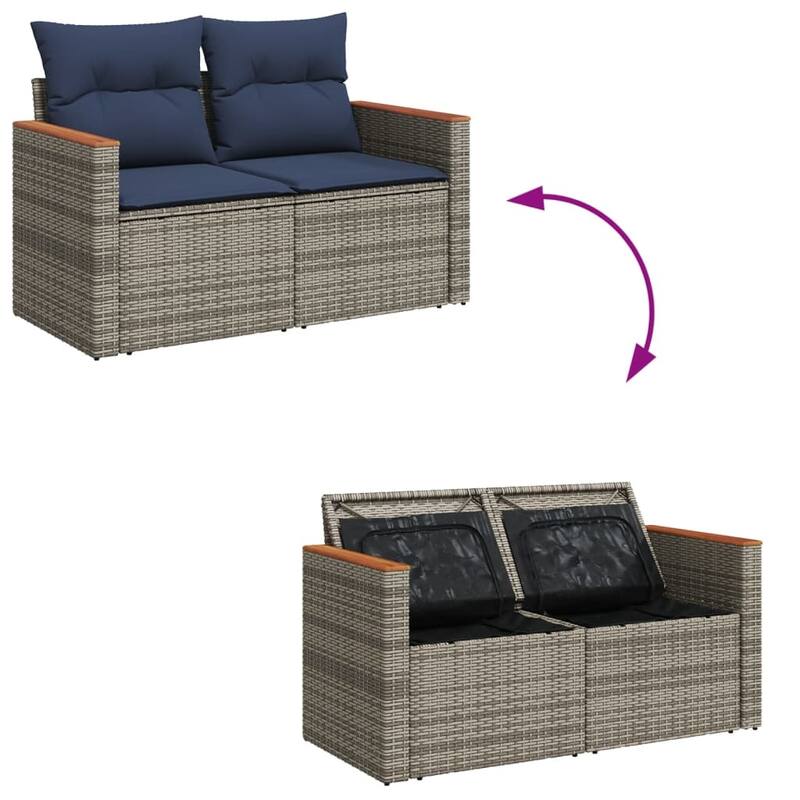 vidaXL Patio Sofa with Cushions 2-Seater Gray Poly Rattan - 48.8 x 24.4 x 27.2
