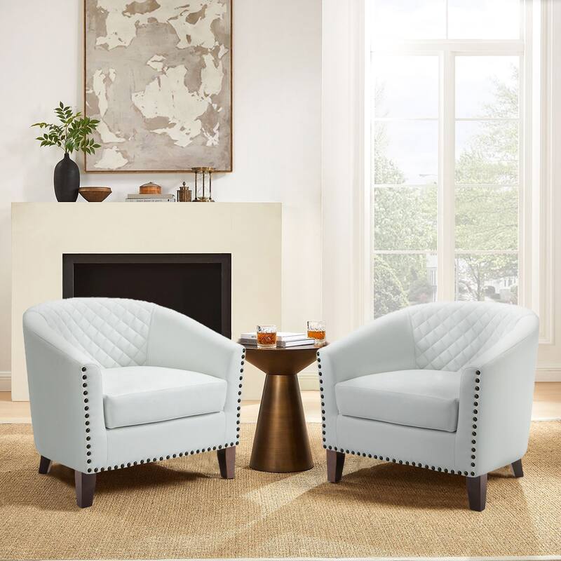 2 Set 29" W Vegan Leather Barrel Accent Chairs with Nailheads Trim