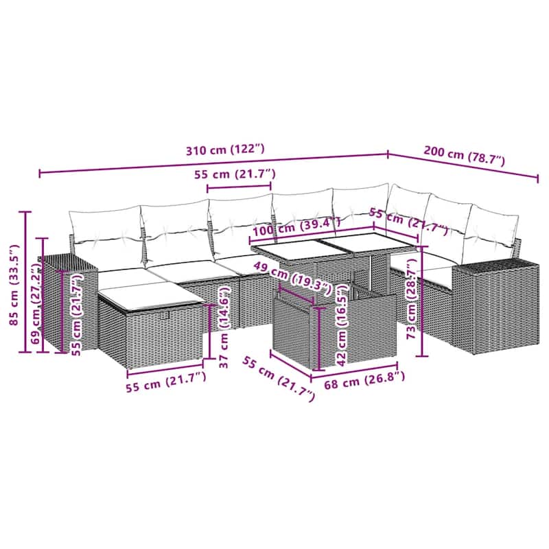 vidaXL Patio Sofa Set with Cushions Outdoor Furniture 9 Piece Poly Rattan