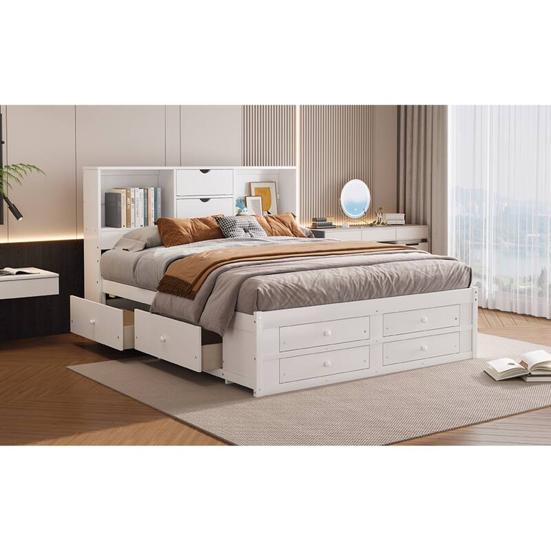 Roomfitters Queen/King Platform Bed with Storage Headboard and 8 Drawers, Solid Wood