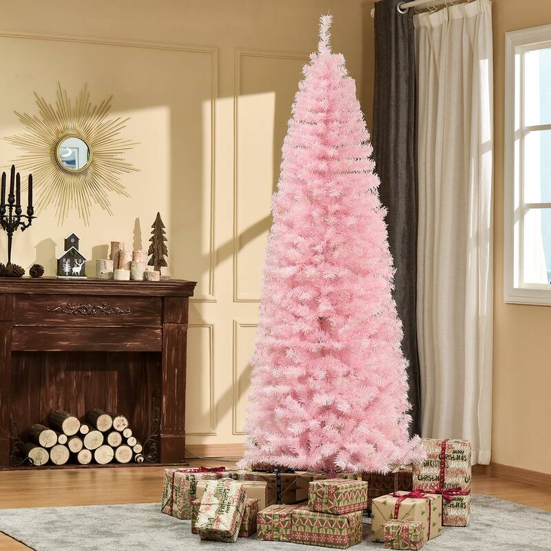 7FT Tall Unlit Slim Pencil Fir Artificial Christmas Tree with Realistic Branches and Steel Base