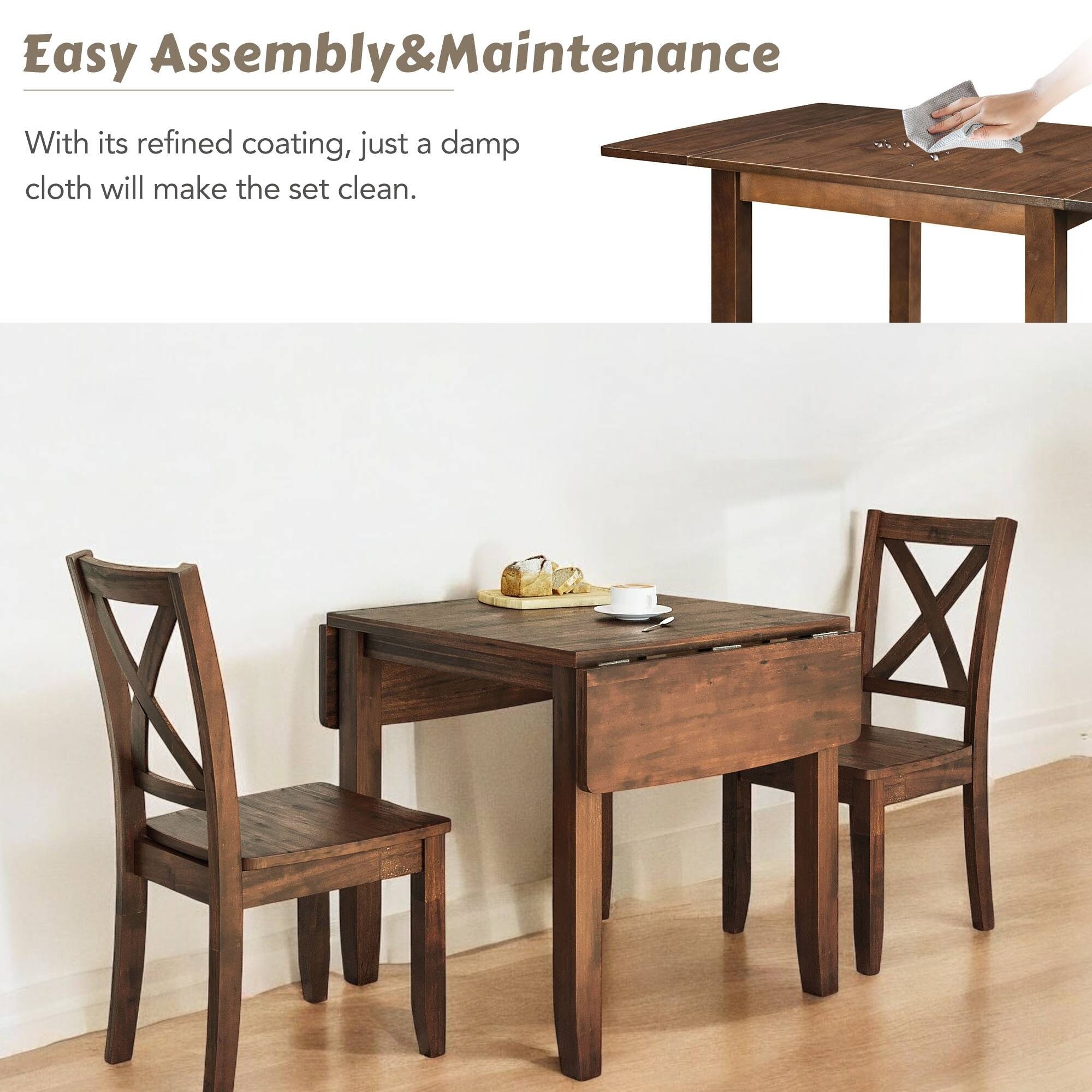 3-Piece Solid Wood Drop Leaf Dining Table Set with X-back Chairs
