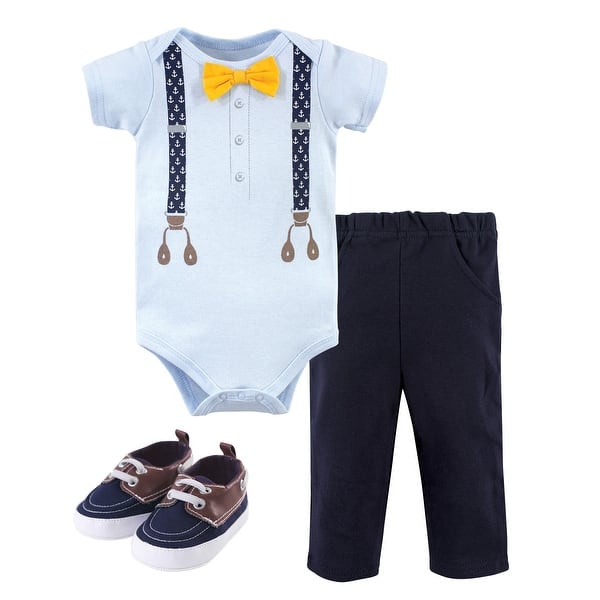 slide 1 of 1, Little Treasure Baby Boy Cotton Bodysuit, Pant and Shoe 3pc Set, Anchor Suspenders 0-3 Months - Anchor Suspenders
