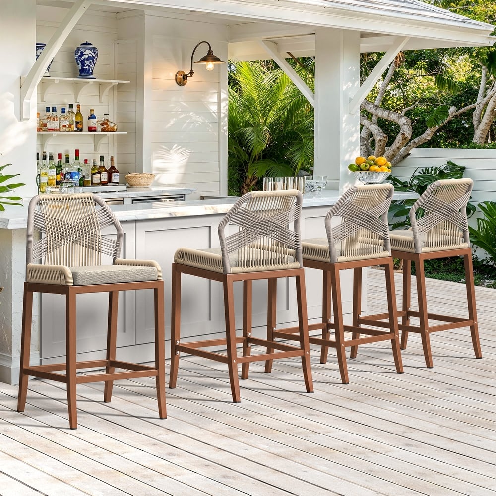 4 Set Modern Aluminum Twill Wicker Woven Outdoor Bar Stool Chair Set, Counter Height Stool with Back and Cushion - 40.6"H