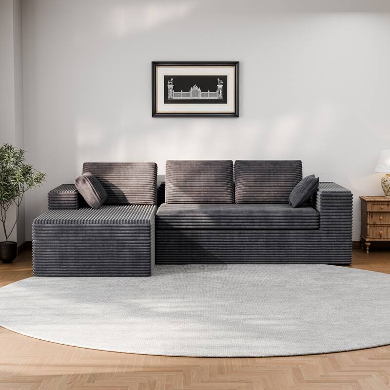 Modland 108”L-Shaped Modular Corduroy Couch with Deep Seats Comfy Sectional Sofa for Living Room - Dark Grey - Left Facing