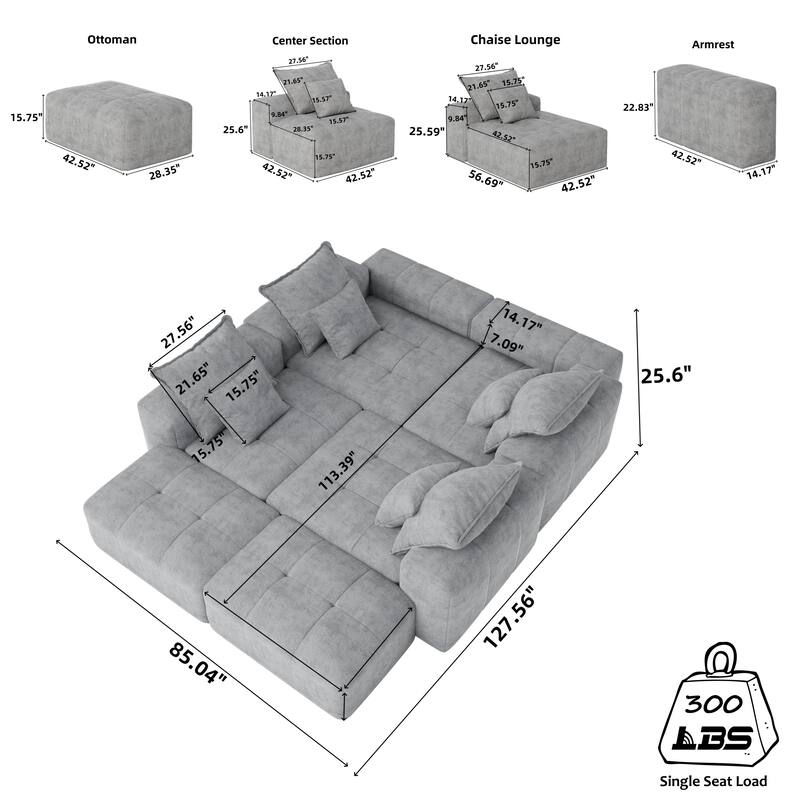 127" Oversized Modular Sectional Sofa,6 Seat Sparkling Chenille Fabric Soft Cushion Sofa with 8 Pillows,No Assembly Required