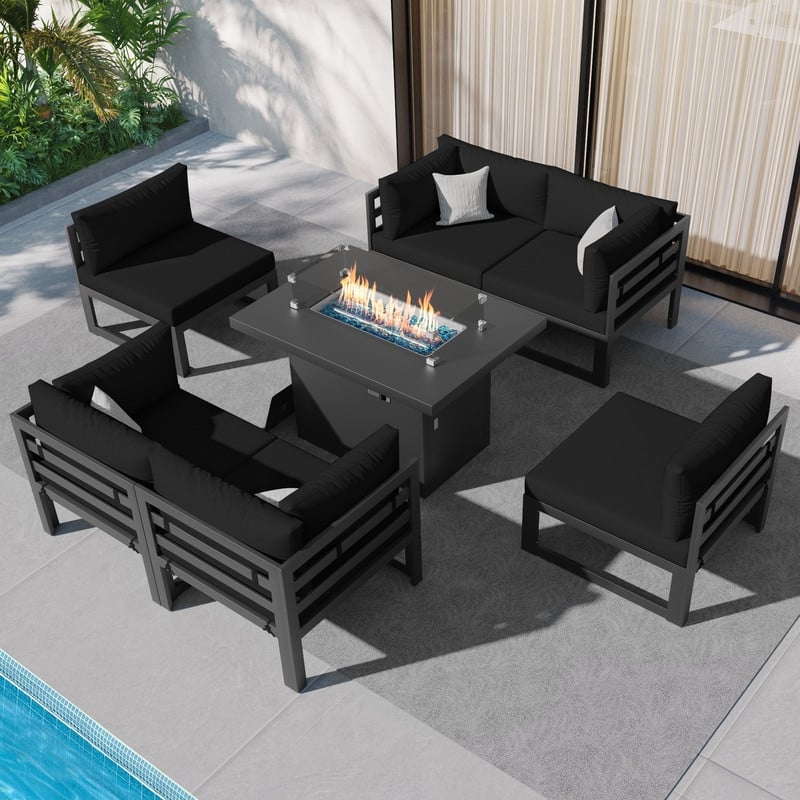FINCATI 7 Pcs Patio Furniture Set Outdoor Sectional Sofa Set with Firepit Table - 7 Pieces - Black