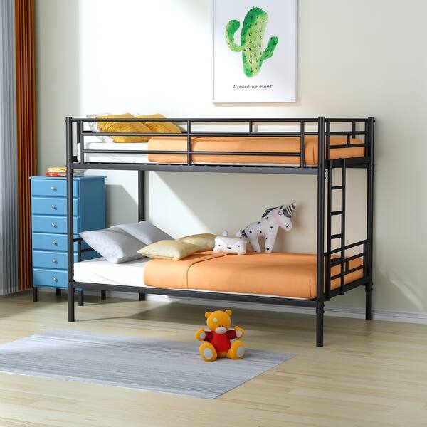 slide 2 of 9, Black Metal Twin over Twin Bunk Bed with Removable Ladder - Full-Length Guardrails Black