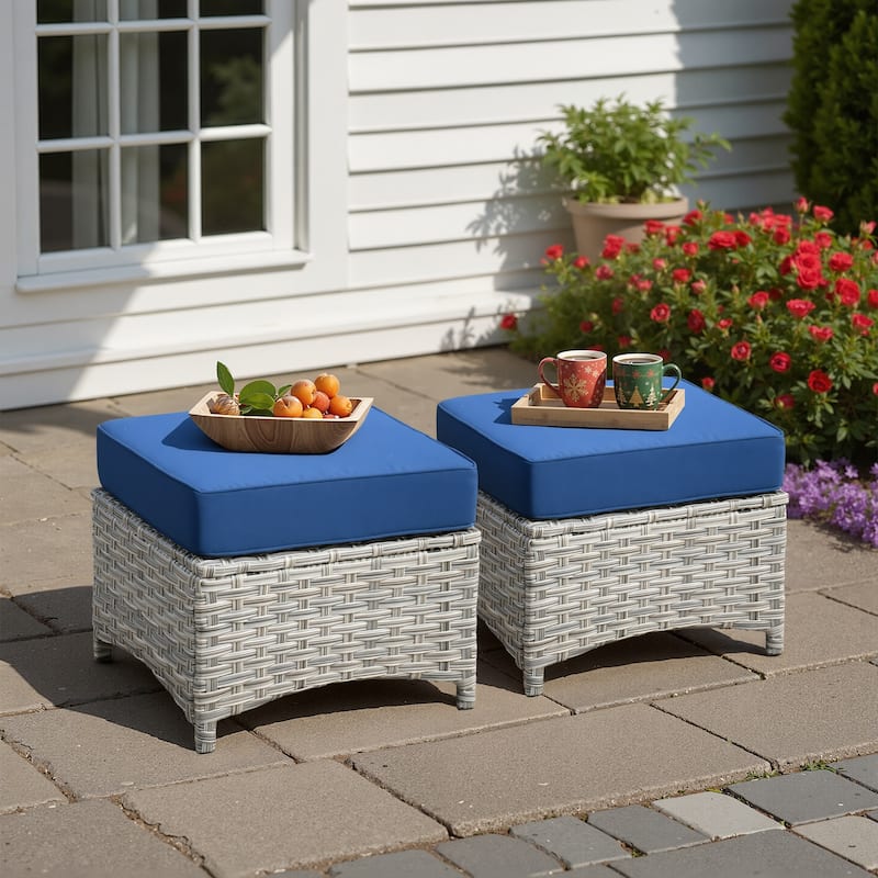 XIZZI Patio Wicker Ottoman with Cushion Outdoor Footrest - Navy Blue