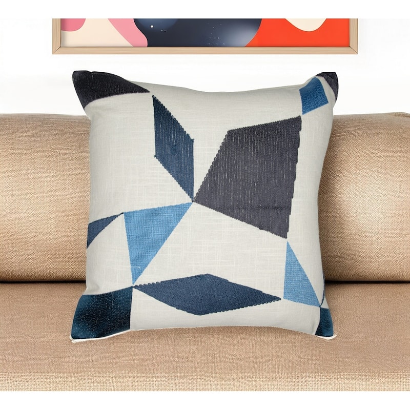 HomeRoots 24" Ivory and Blue Geometric Cotton Blend Throw Pillow With Embroidery - Accent - Polyester