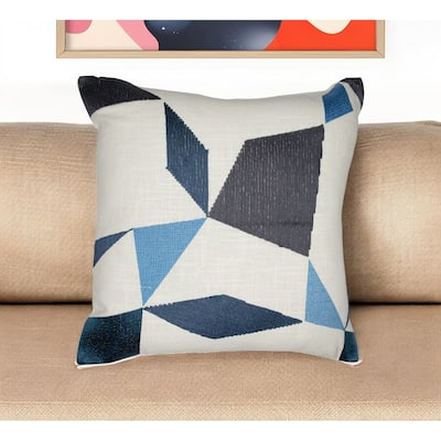 HomeRoots 24" Ivory and Blue Geometric Cotton Blend Throw Pillow With Embroidery