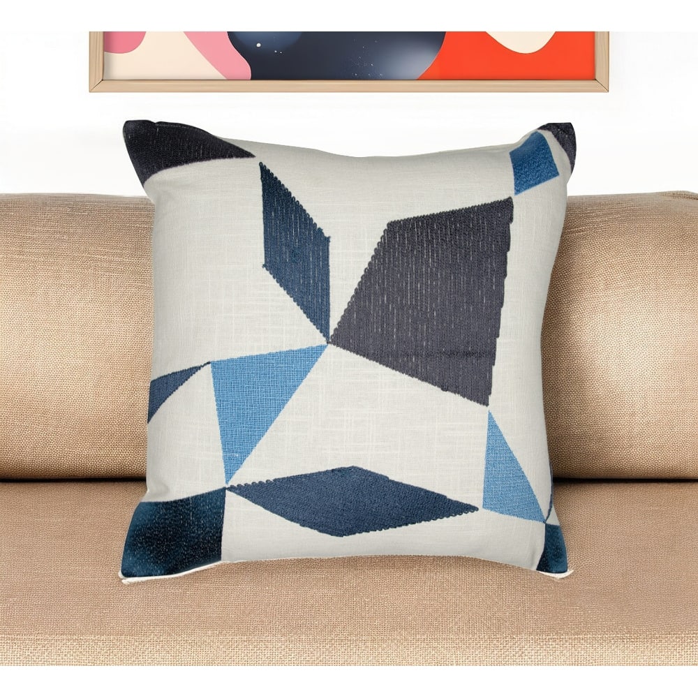 HomeRoots 24" Ivory and Blue Geometric Cotton Blend Throw Pillow With Embroidery