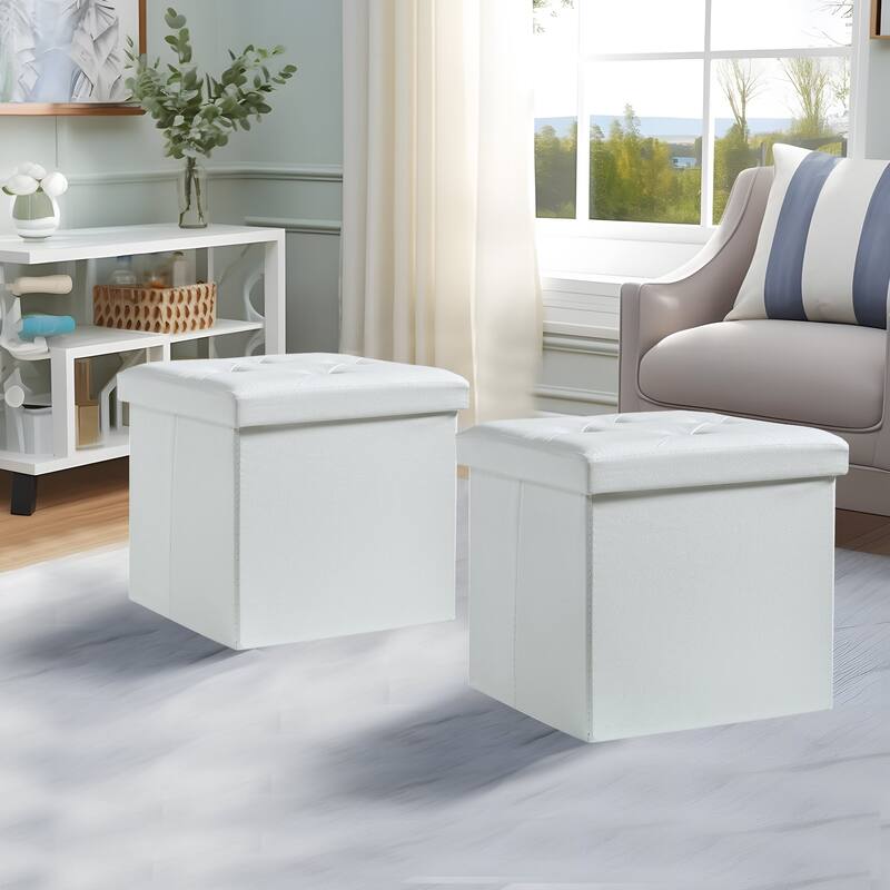 2 PC Storage Folding Ottoman, Storage Footrest Stool, Faux Leather Storage Bench Cube with Padded Seat for Small Space