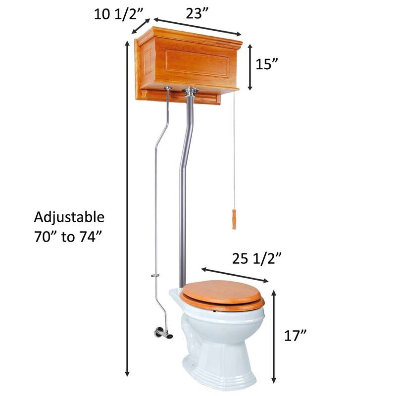 High Tank Toilet - Light Oak Wooden Raised Tank, Satin L Pipes and Round White Bowl Renovators Supply - White