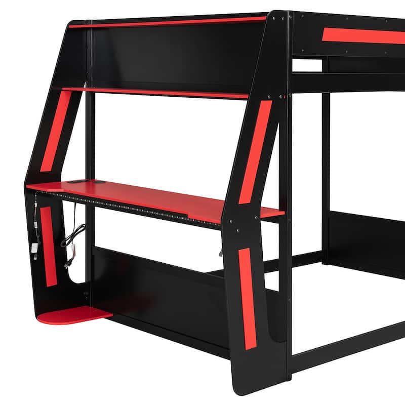 Esports Loft Bed Full Over Full Bunk Bed Frame with Side Mounted Desk, Light Strip, Charging Station and Cable Grommet