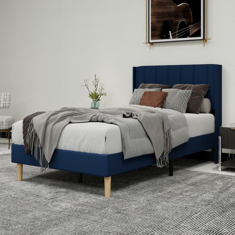 Caxkun Upholstered Platform Bed Frame with Wingback headboard - Blue - Twin