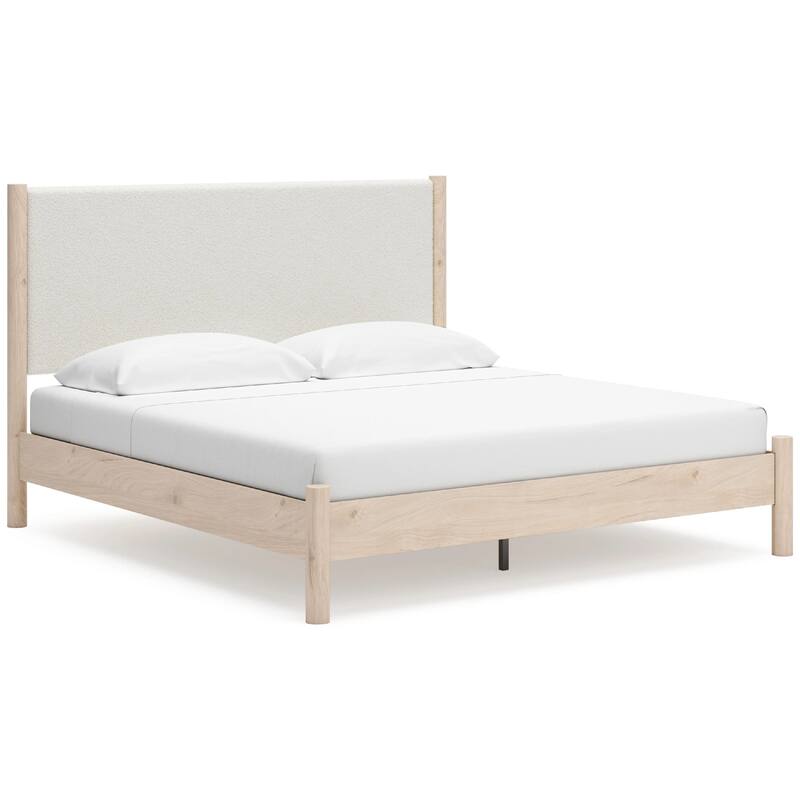 Mooran King Size Bed, White Polyester Upholstery, Light Brown Wood