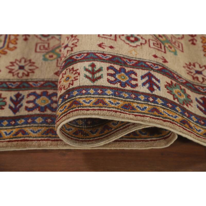 Geometric Kazak Runner Rug Hand-Knotted Yellow Wool Carpet - 2'10" x 13'0"