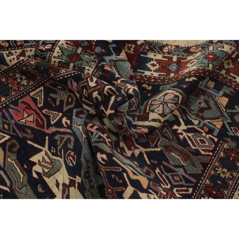 Hand Knotted Oriental 100% Wool Carpet Traditional Geometric Navy Blue & Blues Kazak Area Rug - 5' 2'' X 3' 10''