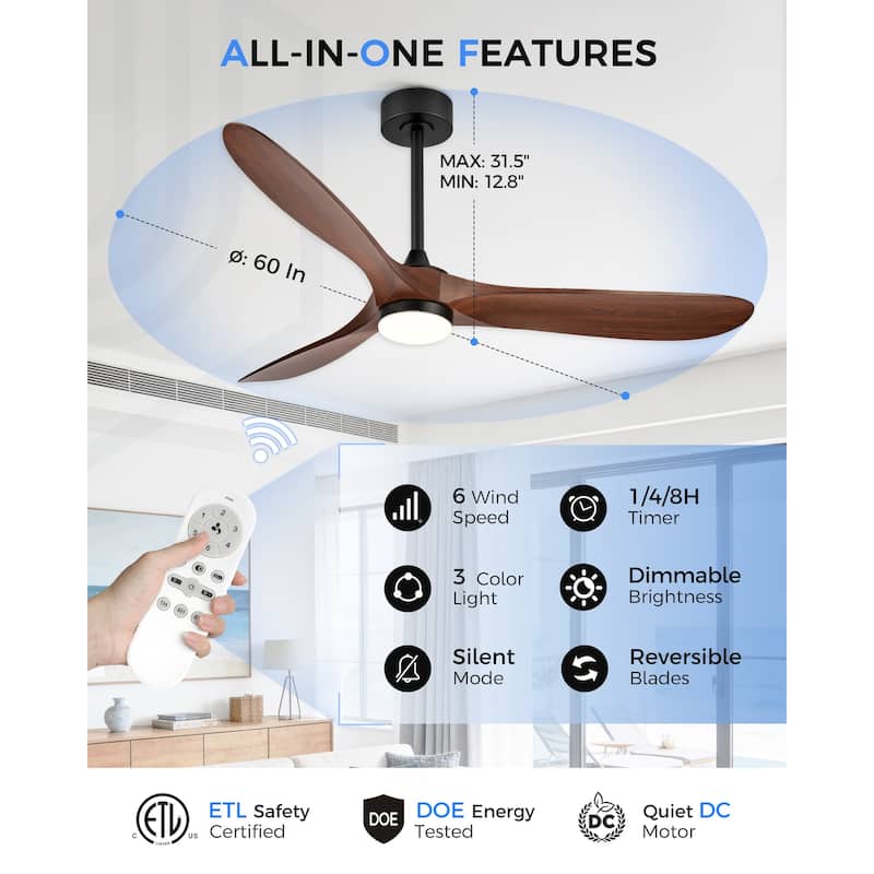 52"or 62" Diammable Ceiling Fan with Light,DC Motor and Remote