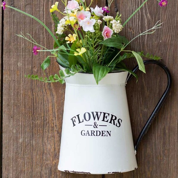 Flowers & Garden Pitcher. Enamel Wall Container/Vase