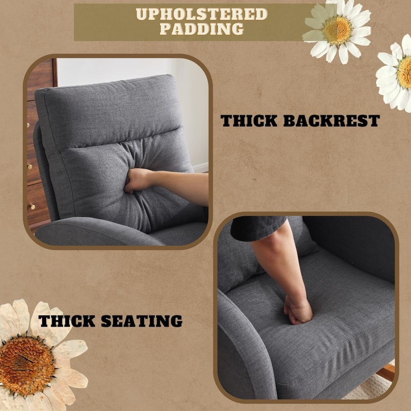 High Back Linen Rocking Chair with Lumbar Pillow Ergonomic Padded Armrests Solid Wood Frame Comfortable Indoor Rocker