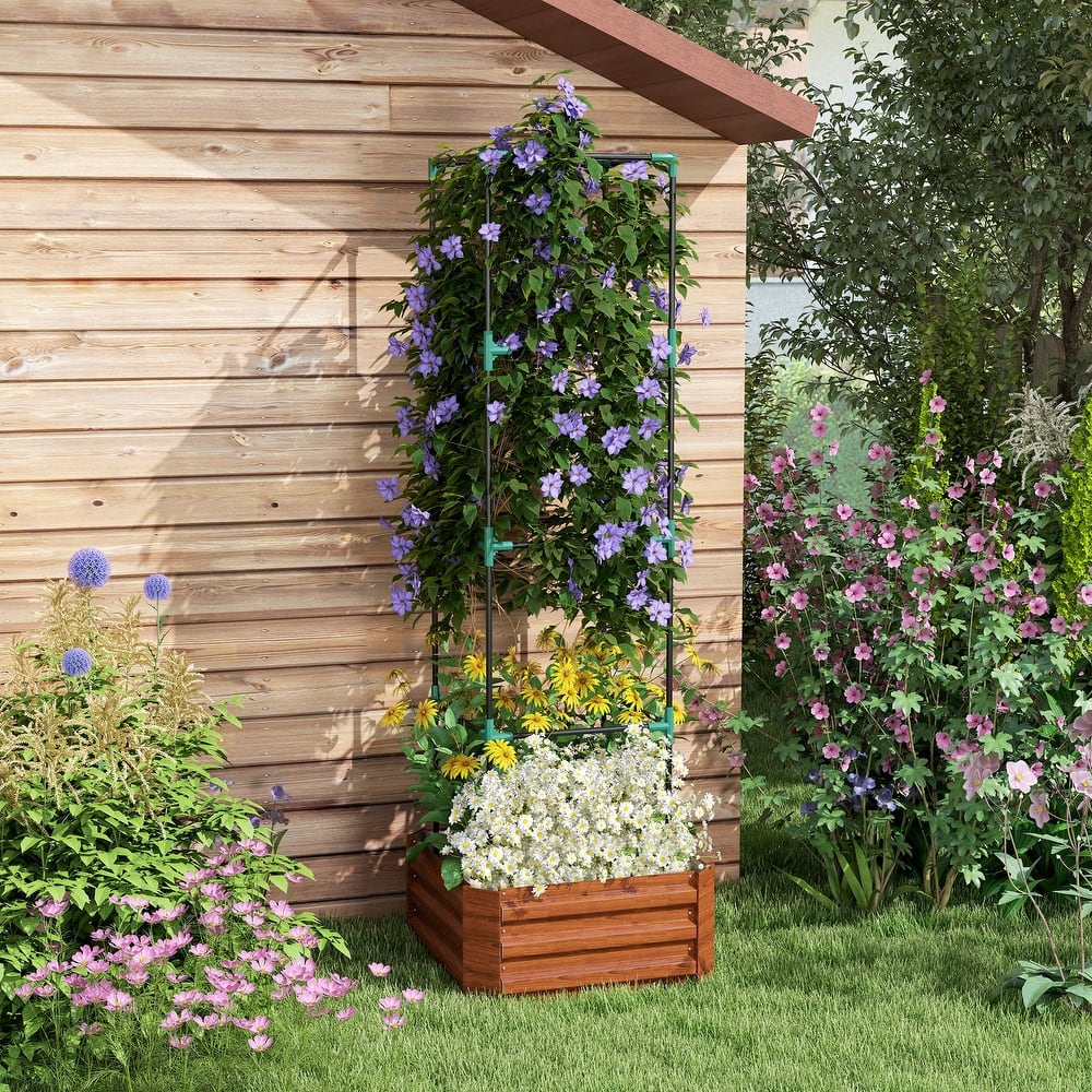 Outsunny Galvanized Raised Garden Bed, 24" x 24" x 11.75" Outdoor Planter Box with Trellis Tomato Cage and Open Bottom