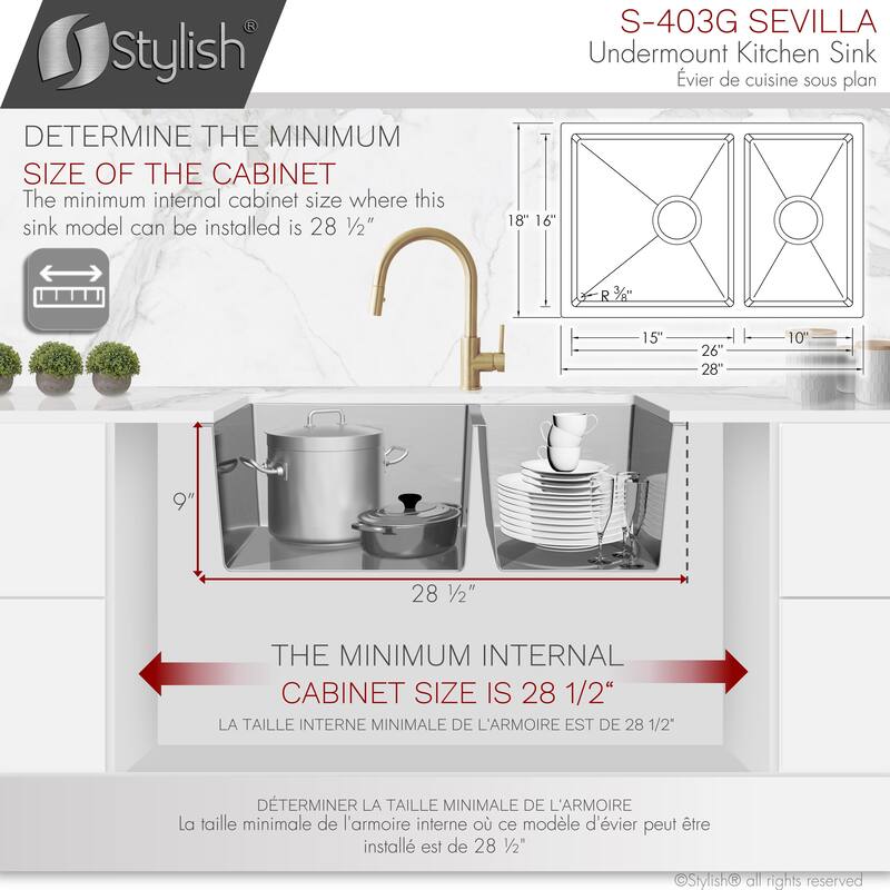 stylish 28 inches L x 18 inches W Double Bowl 60/40 Reversible Undermount Stainless Steel Kitchen Sink with Strainers
