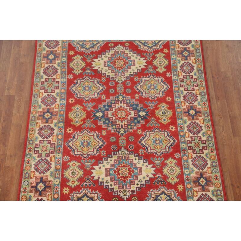 Geometric Red Kazak Area Rug Hand-Knotted Traditional Wool Carpet - 4'11" x 7'1"