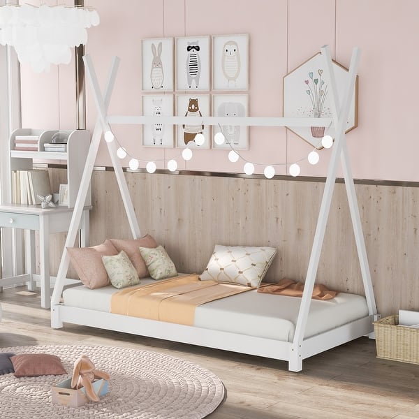 slide 2 of 10, White Twin Wood House Platform Bed with Triangle Design White
