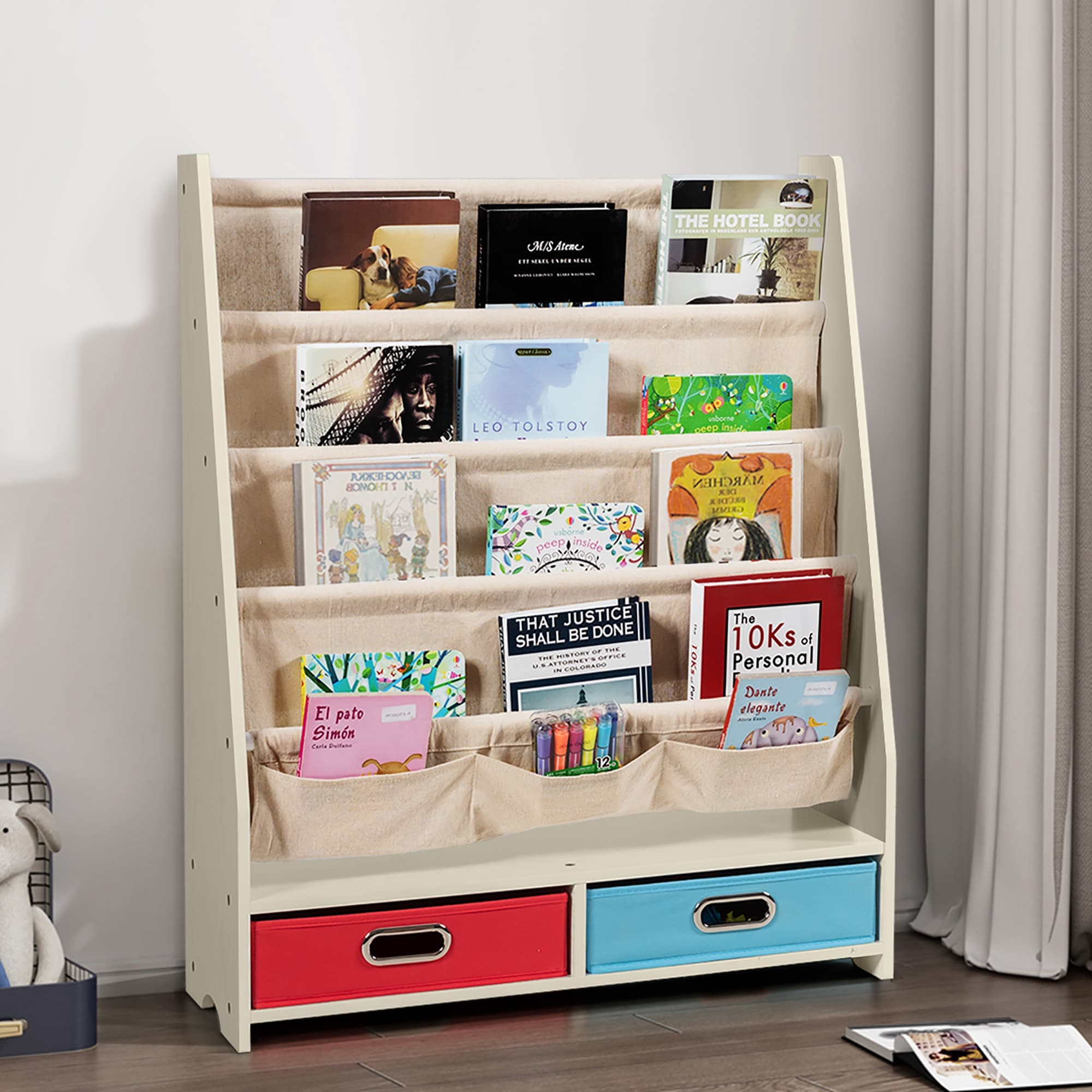 UTEX Kids Sling Bookshelf, Magazine/Book Rack,Book Organizer (White)