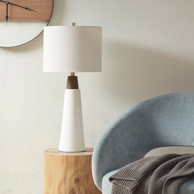 Triangular Ceramic and Wood Table Lamp for living room,bedroom,and dining room - White Base+Cream Shade