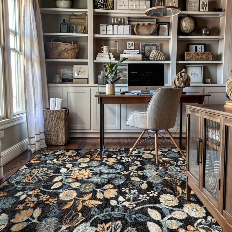 Black Multi Symmetrical Floral Stylish and Durable Area Rug