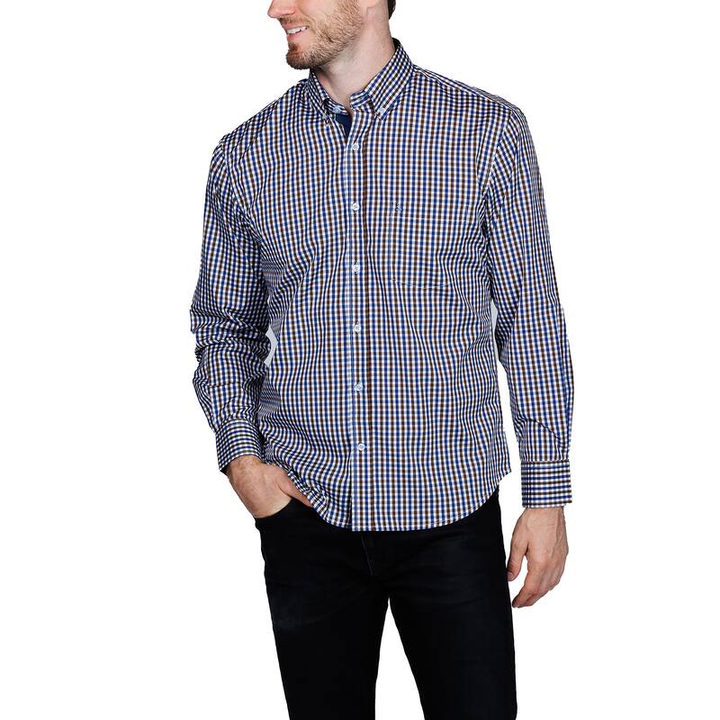 Tailorbyrd Men's Check Print Performance Button-Down Shirt - Brown - S