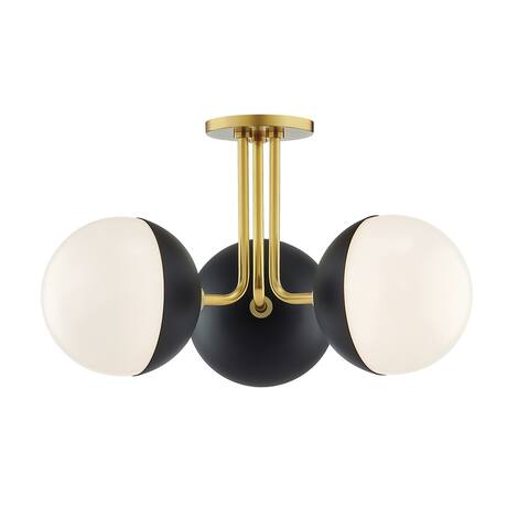 Mitzi by Hudson Valley Renee 3-light Aged Brass and Black Semi Flush, Opal Glossy Glass