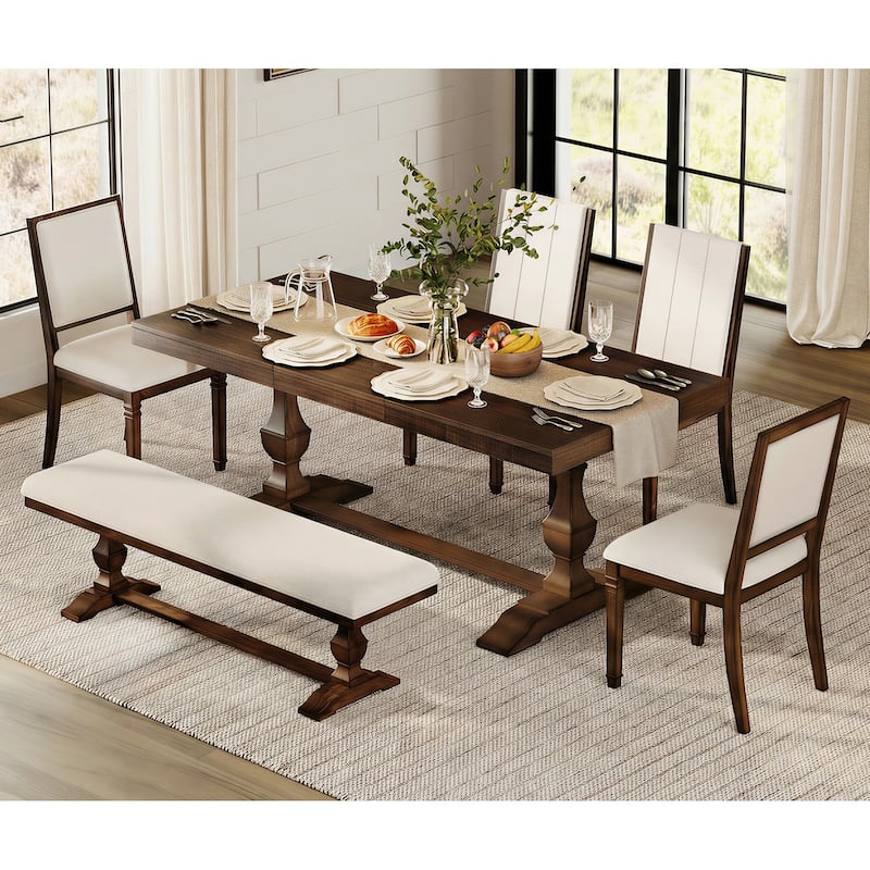 6-pieces Farmhouse Dining Table for 6, 74.8" Kitchen Table Set with 4 Chairs and Bench, Solid Wood Legs and Cushion Seat