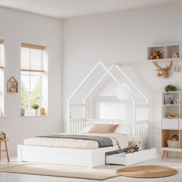 slide 2 of 18, House Queen Size Platform Bed with Half-guard and 2 Drawers Modern White