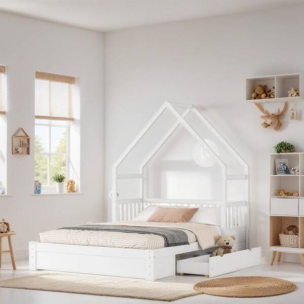 slide 2 of 9, Queen Size House-shaped Bed with Half-guard, Wooden Platform Bed with Two Recess Handle Drawers, Modern White Modern White