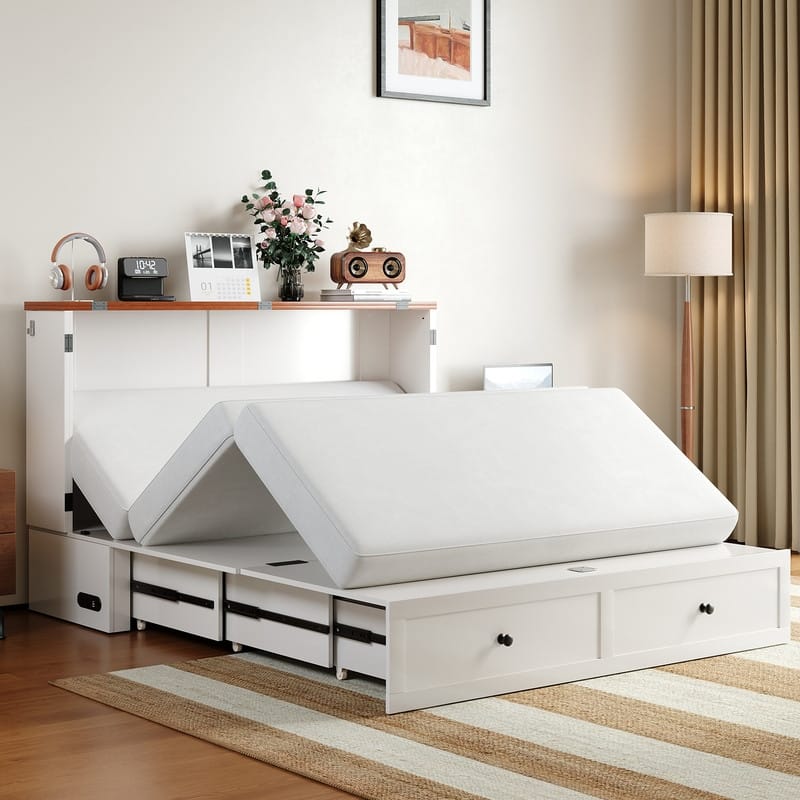Mixoy Modern Full/Queen Size Murphy Bed Chest with Mattress and Storage
