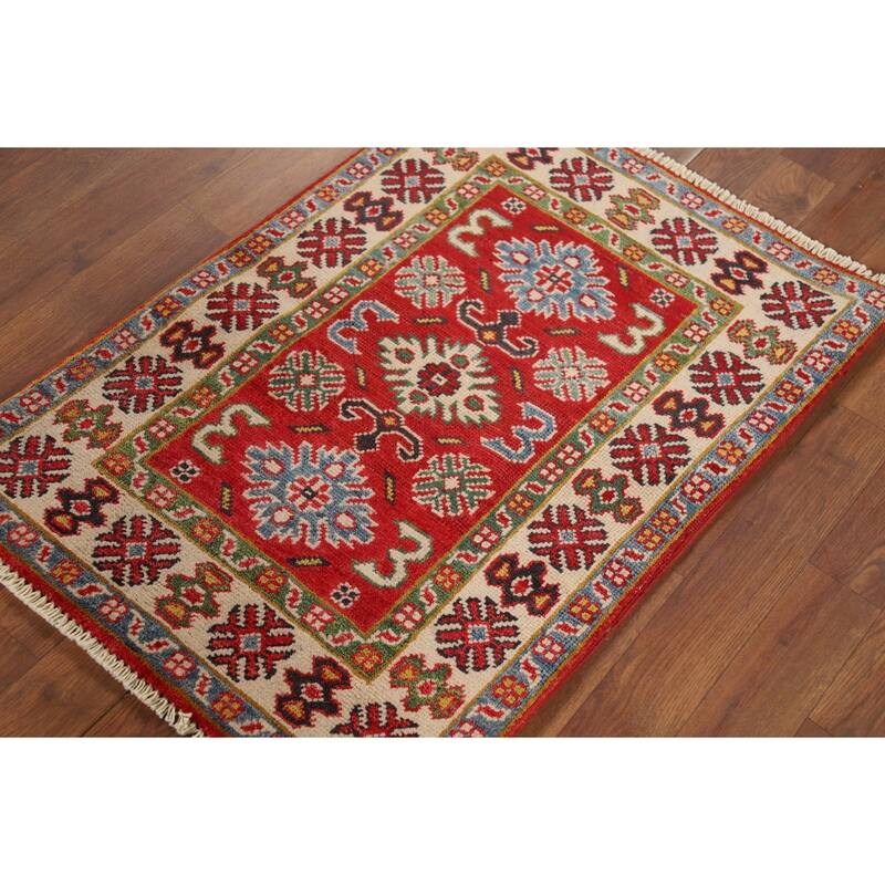 Hand Knotted Oriental 100% Wool Carpet Traditional Geometric Red Kazak Area Rug - 3' 0'' X 2' 1''