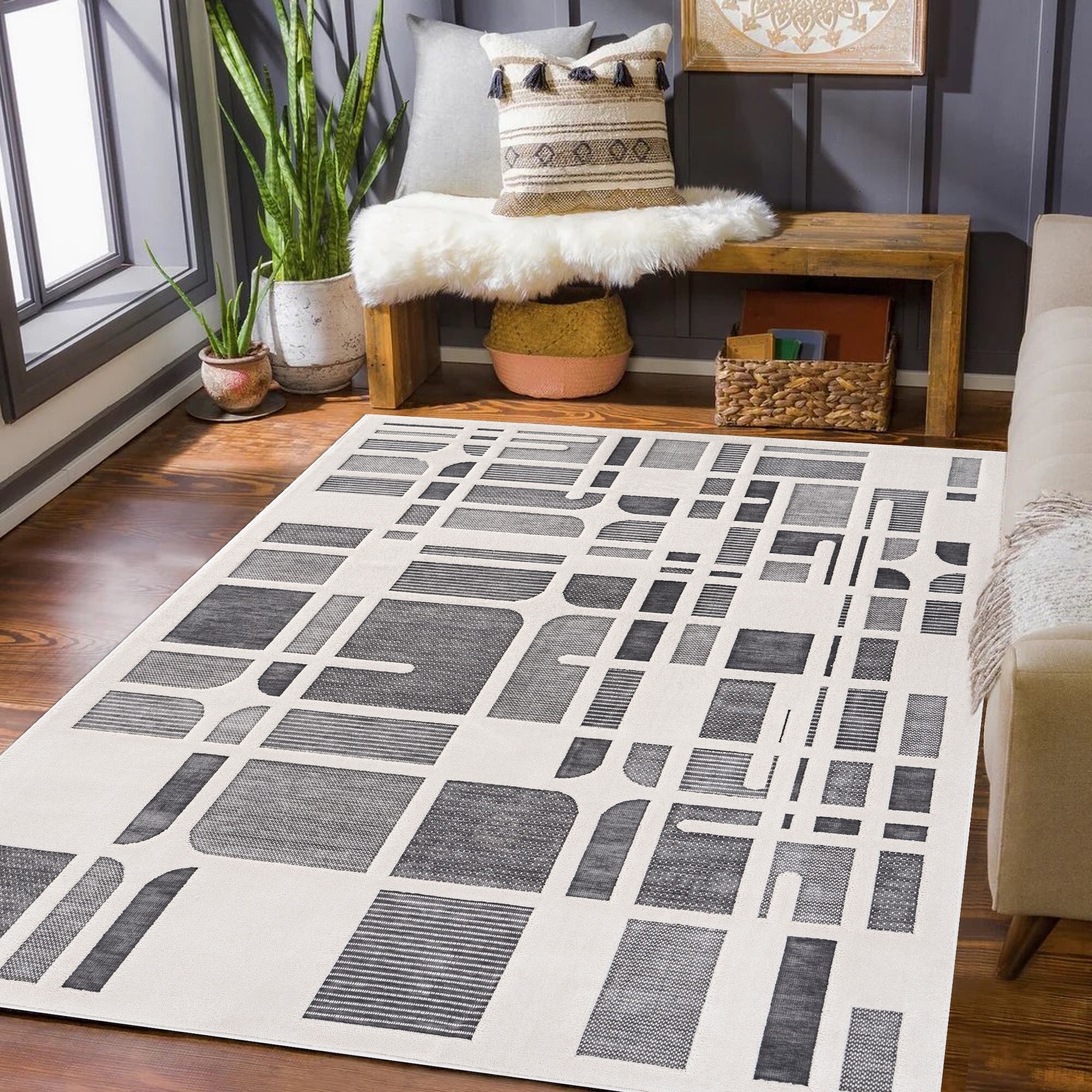 MDA Rugs Lana Collection Transitional Geometric Cream and Gray Area Rug