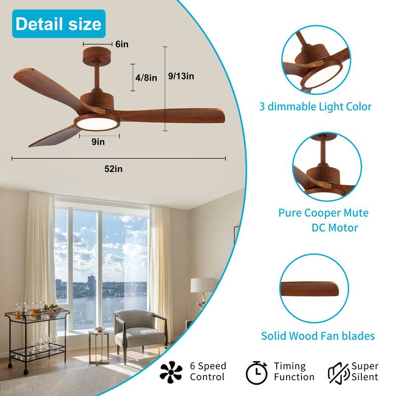 52 inch Wood Ceiling Fans with Lights and Remote, Modern Low Profile Ceiling Fan with Light, 6 Speed, Reversible DC Motor