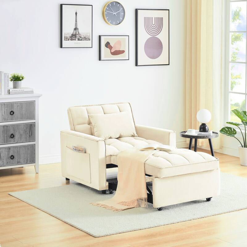 Creamy White Modern 70.86" 3 in 1 Single Convertible Sofa Bed with Adjustable Back and Moving Wheel for Living Room