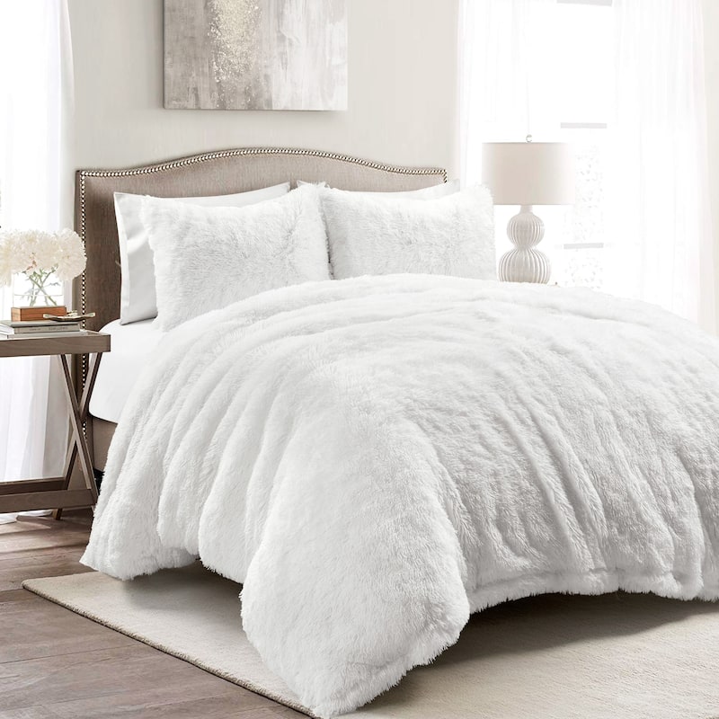 Lush Decor Emma Faux Fur Cozy Super Soft Oversized Duvet Cover 3Pc Set - White - Full - Queen