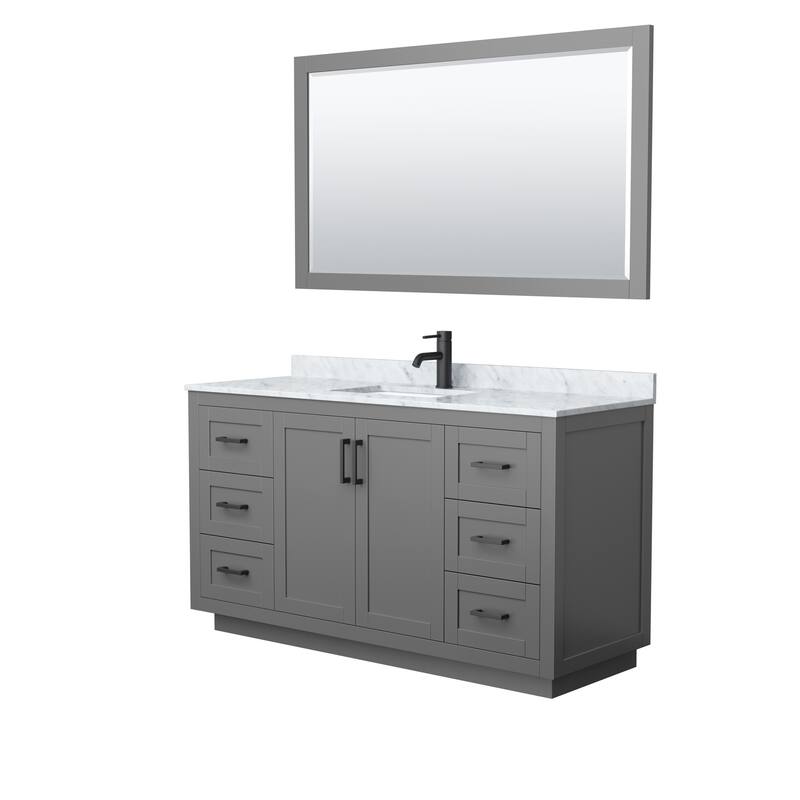 Miranda Bathroom Vanity Set, White Carrara Marble Top, 58-Inch Mirror - 60-Inch Single - Dark Gray, Black Trim, White Carrara Marble Top